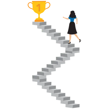 Mujer de negocios corriendo escaleras arriba para conseguir un trofeo  Ilustración