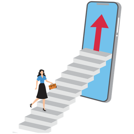 Gráfico de una mujer de negocios corriendo hacia las escaleras  Ilustración