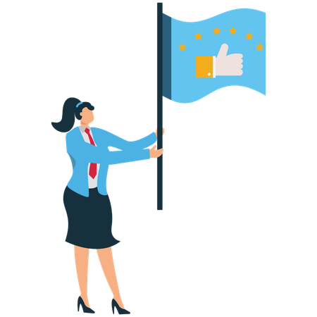 Mujer de negocios de pie con la bandera de satisfacción del cliente  Ilustración