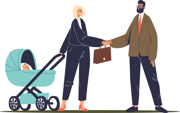 Empresária bem sucedida com carrinho de bebê, reunindo-se com parceiros de negócios  Ilustração