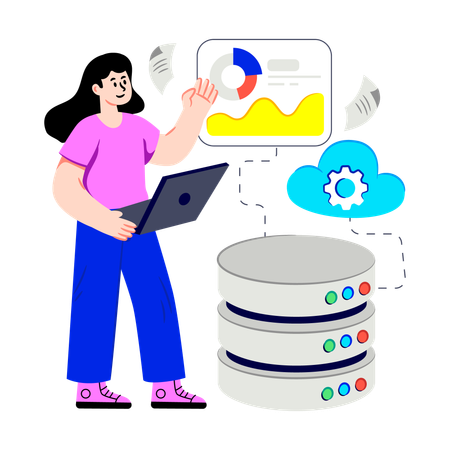 Mujer de negocios realizando desarrollo de datos en la nube  Ilustración