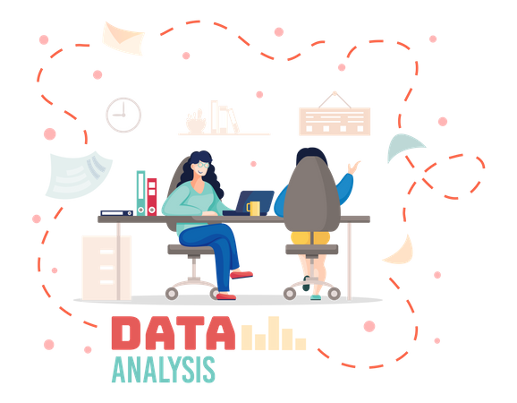 Empresaria discutiendo sobre análisis de datos  Ilustración