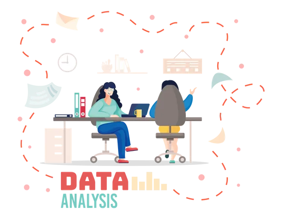 Empresaria discutiendo sobre análisis de datos  Ilustración