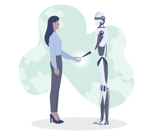 Empresária e robô apertando as mãos  Ilustração