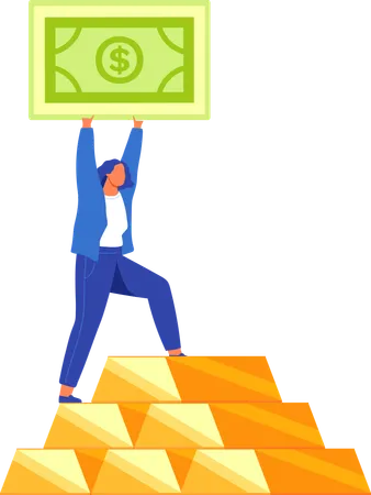 Empresária de pé sobre uma pilha de ouro com nota de dinheiro nas mãos  Ilustração