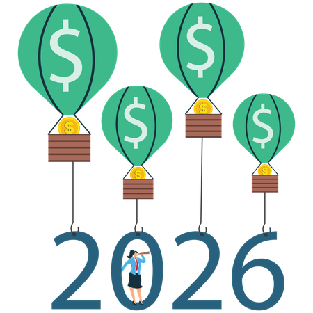 Mujer de negocios buscando una visión financiera para el 2026  Ilustración