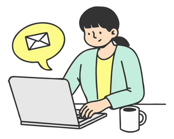La empresaria envía un correo electrónico a través de una computadora portátil  Ilustración