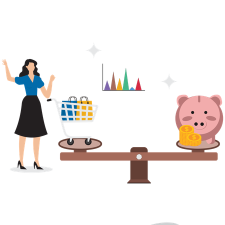 Mujer de negocios equilibrando compras y ahorro  Ilustración