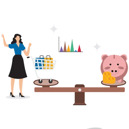 Mujer de negocios equilibrando compras y ahorro  Ilustración