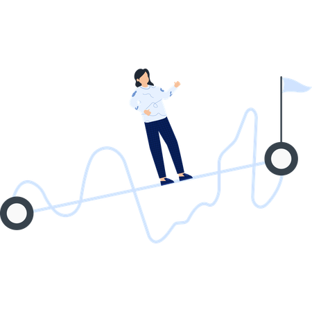 Mulher de negócios equilibrando-se em um gráfico de linhas em busca de uma meta de sucesso  Ilustração