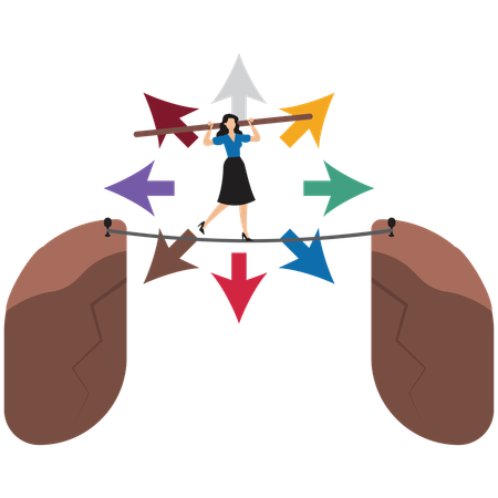 Empresária se equilibrando na corda bamba com setas apontando em diferentes direções de carreira  Ilustração