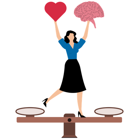 Mujer de negocios equilibrando su cerebro y su corazón en una báscula  Ilustración