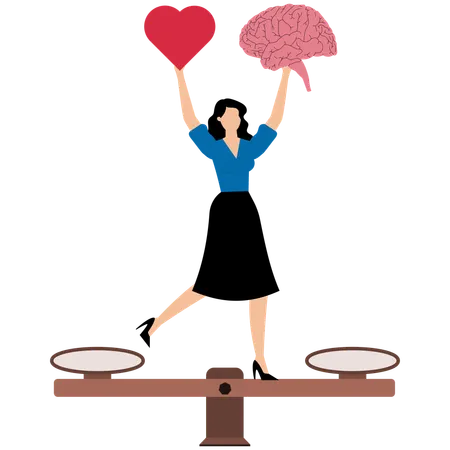 Mujer de negocios equilibrando su cerebro y su corazón en una báscula  Ilustración