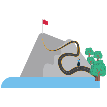Mujer de negocios escalando una montaña hacia su meta  Ilustración