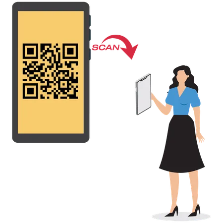 Mujer de negocios escaneando código QR en el móvil  Ilustración