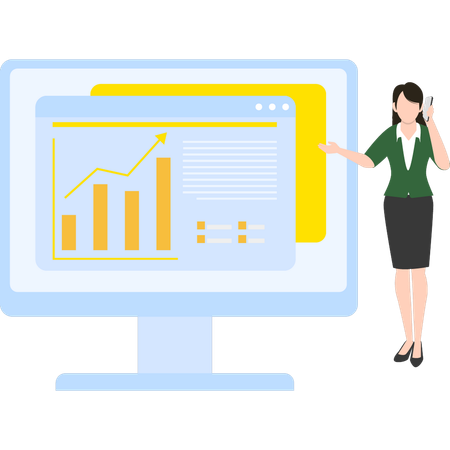 Empresária está ao lado de um monitor gráfico fazendo apresentação  Ilustração