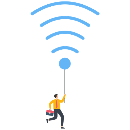 La empresaria está flotando con un globo con el símbolo de wifi  Ilustración