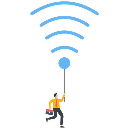 La empresaria está flotando con un globo con el símbolo de wifi  Ilustración