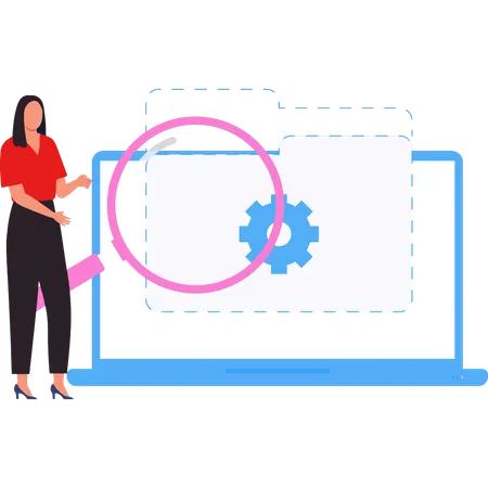 La empresaria muestra la configuración de la carpeta en la computadora portátil  Ilustración