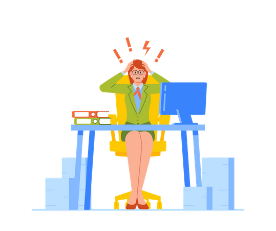 Empresária estressada sentada com flashes e pontos de exclamação na cabeça  Ilustração