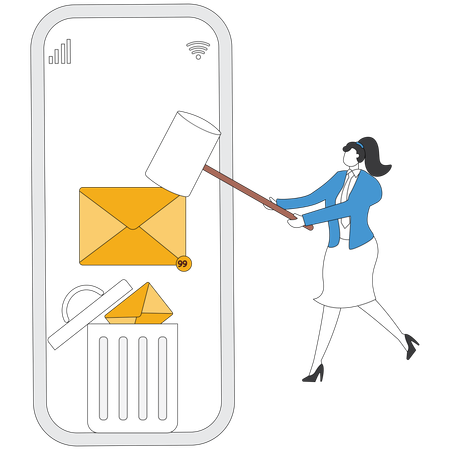 Mulher de negócios apagando e-mails comerciais  Ilustração