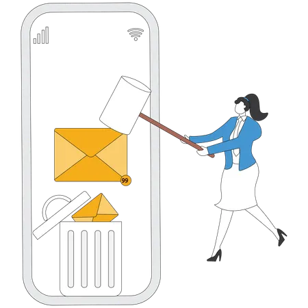 Mulher de negócios apagando e-mails comerciais  Ilustração