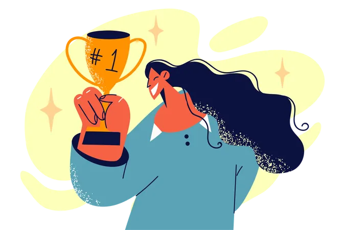 Exitosa mujer de negocios sosteniendo el trofeo  Ilustración