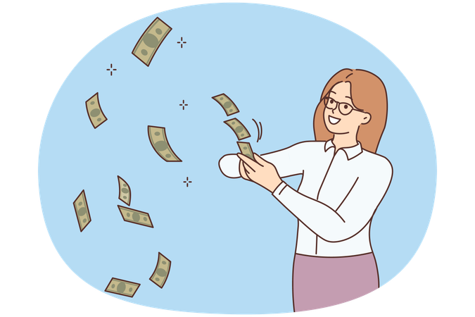 Una empresaria exitosa y sonriente lanza dinero al aire para celebrar su victoria en la lotería.  Ilustración