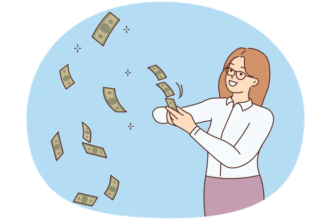Una empresaria exitosa y sonriente lanza dinero al aire para celebrar su victoria en la lotería.  Ilustración
