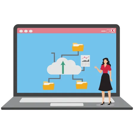 Empresária explicando sobre o upload de documentos  Ilustração