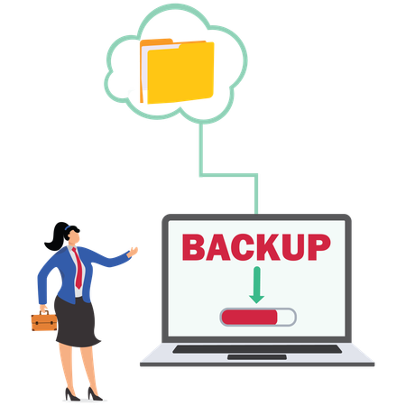 Mulher de negócios fazendo backup em nuvem no laptop  Ilustração