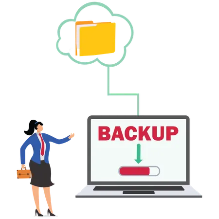 Mulher de negócios fazendo backup em nuvem no laptop  Ilustração