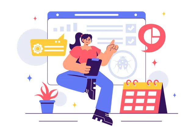Empresária fazendo testes e depuração de software  Ilustração