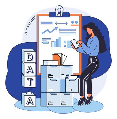 Mujer trabajando en la gestión de datos  Ilustración