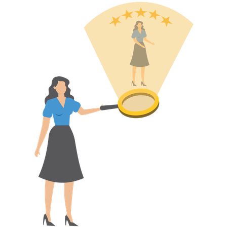 Una gerente de negocios usa una lupa para analizar a un empleado y otorgarle una evaluación de desempeño de 5 estrellas.  Ilustración