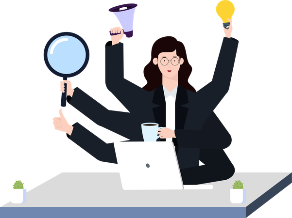 Mujer de negocios gestionando múltiples tareas con precisión y análisis  Ilustración