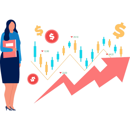 Empresaria haciendo análisis del mercado de valores  Ilustración