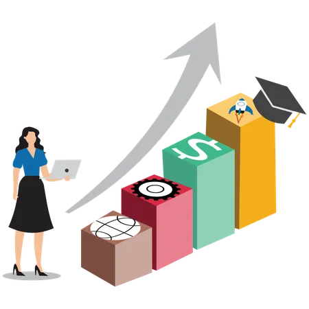 Empresária traçando o curso individual através de diferentes estágios de carreira com setas direcionais  Ilustração