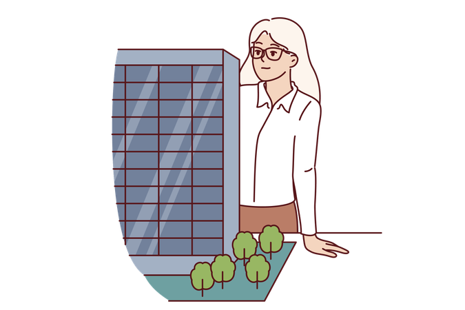 Empresária inspeciona modelo arquitetônico de arranha-céu  Ilustração