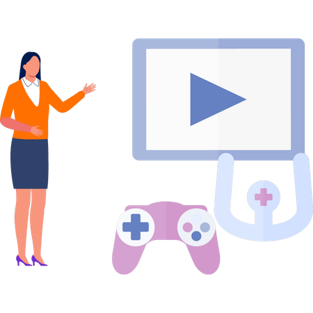 Empresaria introduciendo videojuegos  Ilustración