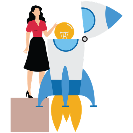 Una mujer de negocios puso una idea creativa en el cohete.  Ilustración