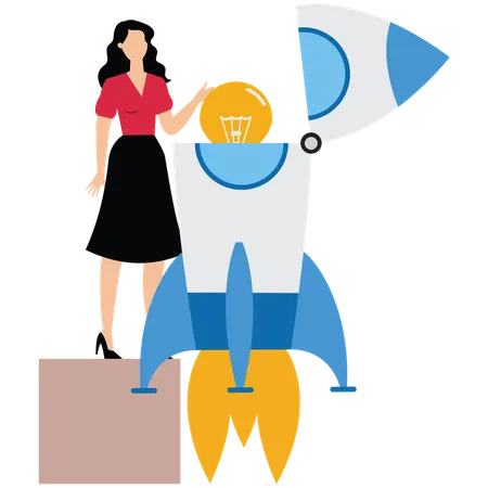 Una mujer de negocios puso una idea creativa en el cohete.  Ilustración