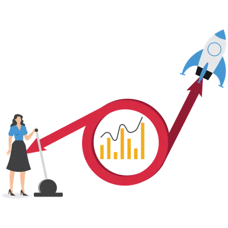 La empresaria lanza un cohete que despega en un gráfico  Illustration