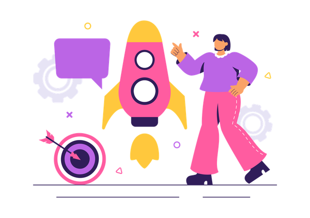 Mujer de negocios lanzando un nuevo producto comercial  Ilustración