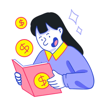 Mujer de negocios leyendo un libro sobre educación financiera  Ilustración