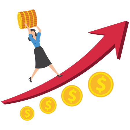 La empresaria lleva una moneda a lo largo de la flecha creciente  Ilustración