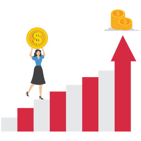 La empresaria lleva una moneda a lo largo de la flecha de un gráfico en crecimiento  Ilustración