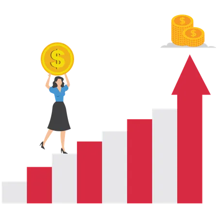 La empresaria lleva una moneda a lo largo de la flecha de un gráfico en crecimiento  Ilustración