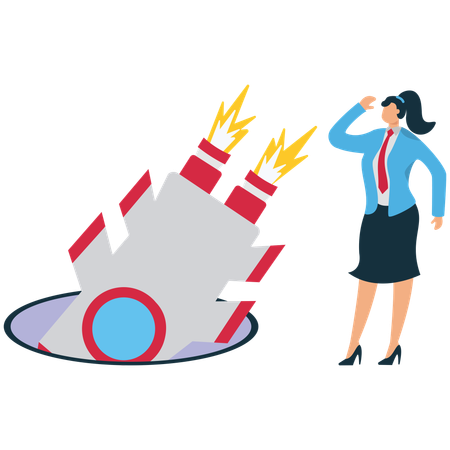 Mujer de negocios mirando un cohete estrellado  Ilustración