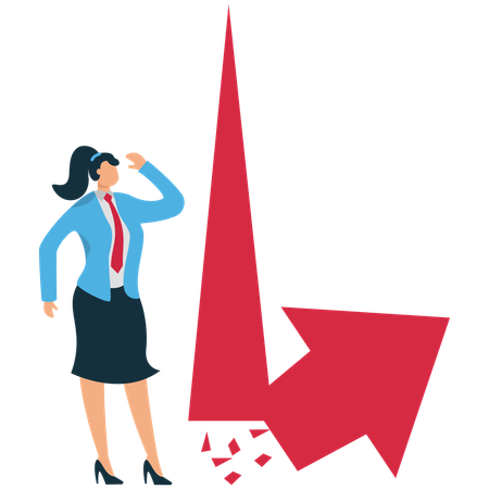 Mujer de negocios mirando una flecha que cae  Ilustración